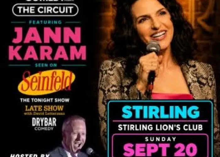 Poster, black backround, photo of Jann Karam holding microphone, photo of Timmy Boyle standing with microphone, comedy tour black and white logo, seinfeld yellow and red logo, event details