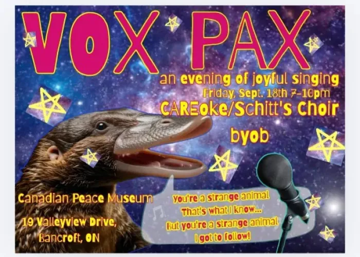 Space starry background, platypus singing into microphone, speech bubble with lyrics, event details