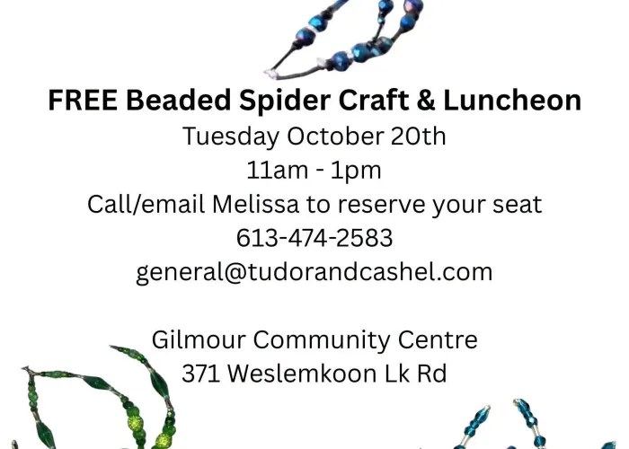 White background, three beaded spiders, tudor and cashel and government of ontario logos, event details in black text