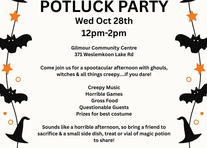 Off-white background, border of bats, stars, pumpkins, witches hats, cob webs and spiders, event details in black text down centre