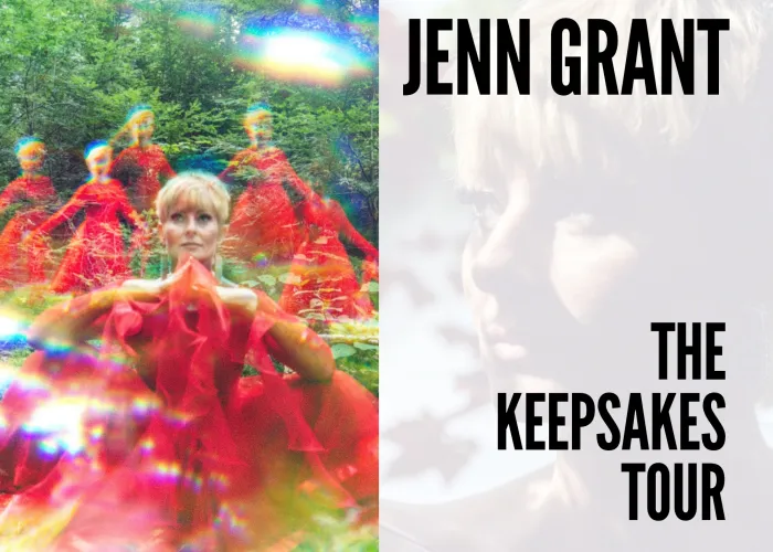 Photo of Jenn Grant in red dress, multiple images of her moving in red dress behind main image of her, green trees in background, close up of her face on right in background, tour name in foreground