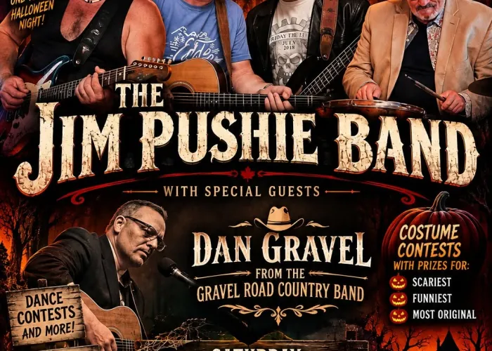 AI poster, four band memebrs of Jim Pushie band together, image of dan gravel below holding guitar at microphone, halloween imagery in background and around border, skull, jack o lantern, crow, moon, house, event details