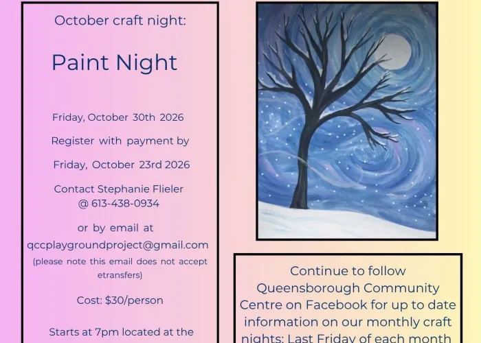 pink fading to yellow from left to right in background, image of painting of tree, moon winter scene on right, decorative branches on top corners, event information in boxes