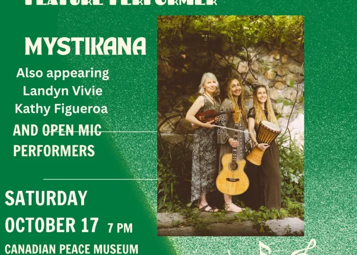 green background white accents, photo of three musicians of mystikana posing together outside, silhouette of cityscape on bottom with musical notes, peace symbol over earth and dove at top, event details