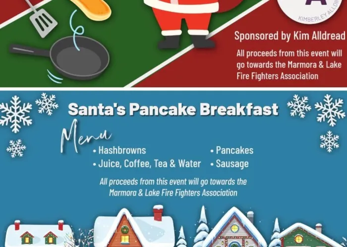 Santa holding red back waiving, stack of pancakes, pancake being flipped from pan, winter image of four houses covered in snow, blue and red background with event details, snow flakes