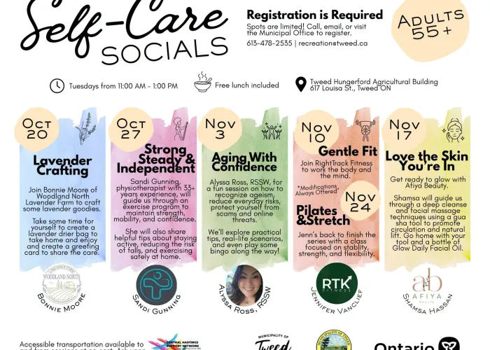 White background, five events with a different colour background, date, description, and host listed, black text providing details