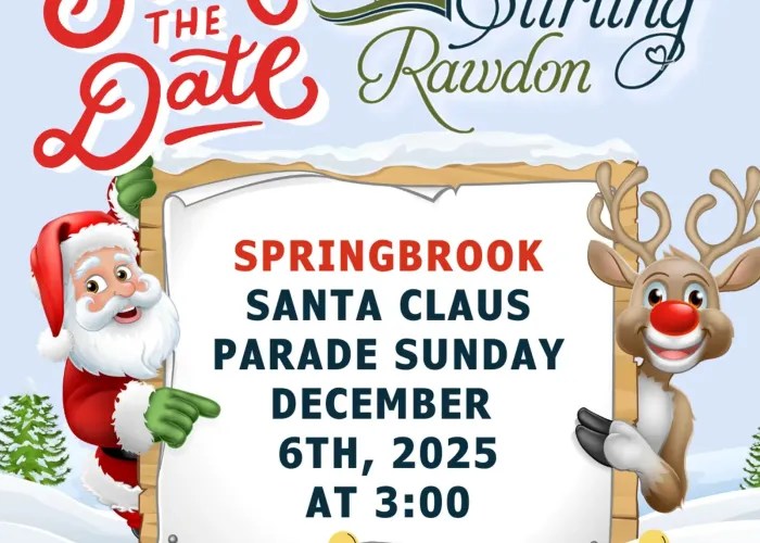 Cartoon santa and rudolph holding white notice with event details, winter scene in background, snow on ground, snow covered tree, Stirling Rawdon logo above