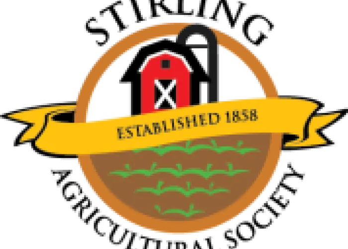 Stirling Agricultural Society Logo of red barn, white silo, brown field with green plants, yellow ribbon with established date