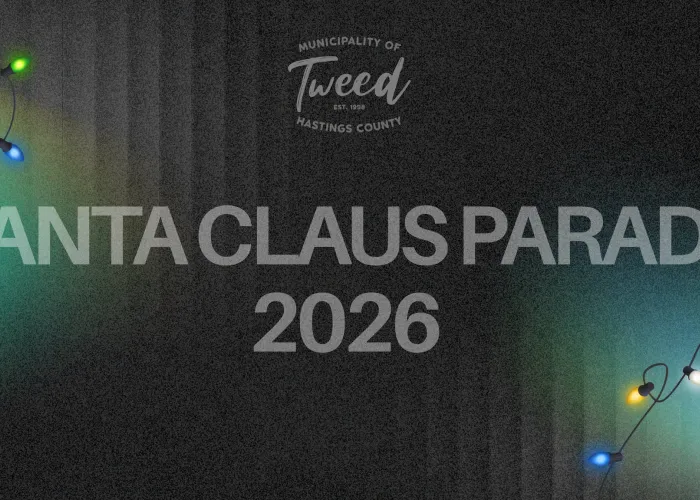 Dark, faded background, christmas lights on top left and bottom right, faded white text with name of event, tweed logo at top