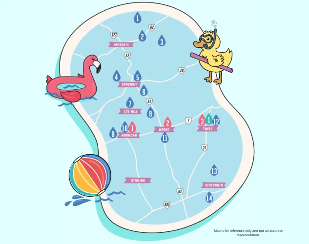 Cartoon map with locations for splash pads, pools and beaches in Hastings County. Light blue colour, with a beach ball, flamingo floaty and a duck.